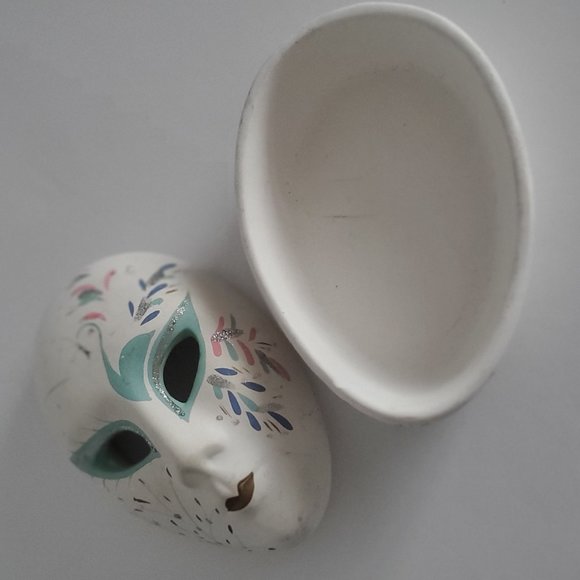 Hand Painted Trinket Box Oval Harlequin Mask Clay Teal Gold Sparkles Mystical - Picture 4 of 6